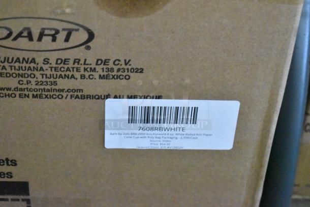 Cardboard box of Solo 8 oz. white rolled rim paper cone cups. Label reads "Bare by Solo BRB-2050, 2,500 per case."