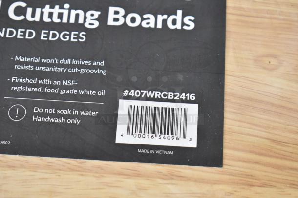 Cutting board label with barcode #407WRCB2416. Features NSF food-grade oil, knife-safe material. Handwash only, made in Vietnam.