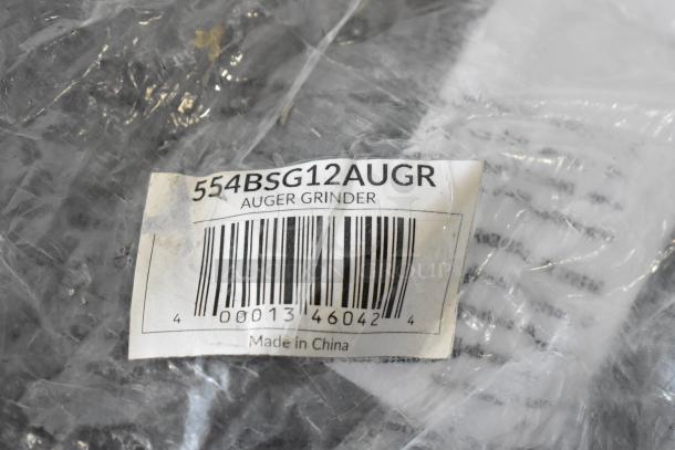 Label on auger grinder, model 554BSG12AUGR, barcode 000134604242, Made in China. Packaging appears intact.