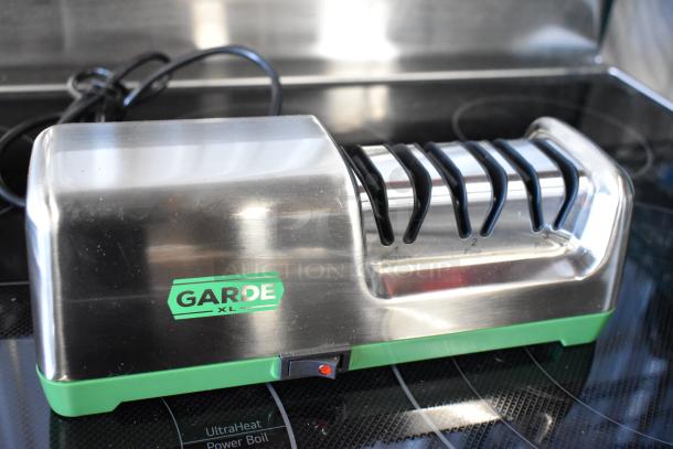 Garde XL electric knife sharpener with stainless steel finish, dual sharpening slots, fine and coarse settings.