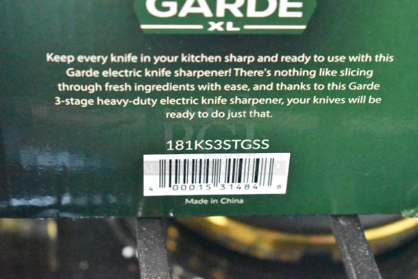 "Electric knife sharpener box with Garde branding, 3-stage heavy-duty model. Barcode and 'Made in China' label visible."