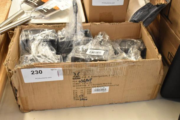 Box of 24 wire salt and pepper caddies, 5" tall, metal gray, by G.E.T. Enterprises, in original packaging with labels.