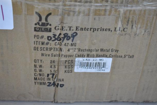 G.E.T Enterprises wire salt & pepper caddy, 4"x2" metal gray, 5" tall, item CAD-42-MG. Box of 24, made in China.