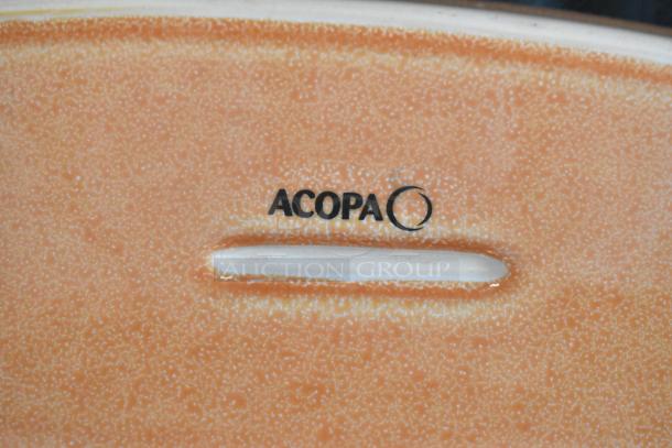 Acopa ceramic plate, speckled orange glaze, oval shape, features "ACOPA" logo, in excellent condition.