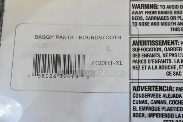 Baggy pants package with houndstooth pattern. Label shows size XL, code P020HT-XL, and barcode 758026300733.