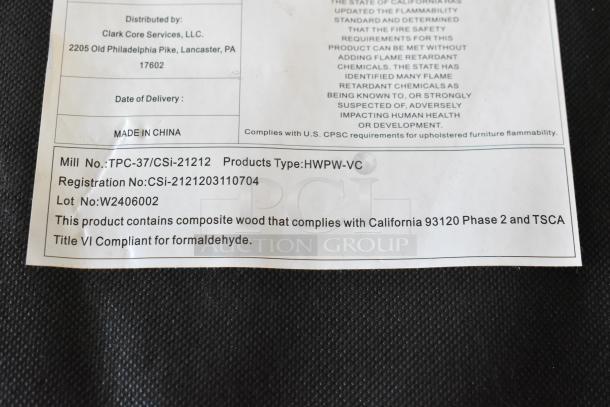 Composite wood label from Clark Core Services, showing compliance with California 93120 Phase 2 and TSCA Title VI for formaldehyde.