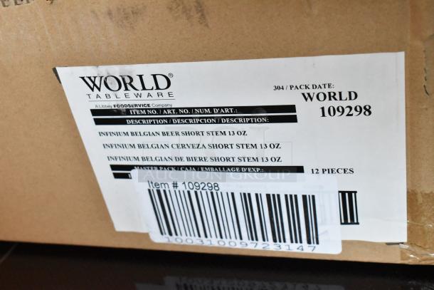 "World Tableware 12-piece set, Infinium Belgian Beer Short Stem 13 oz, item #109298, new in box."