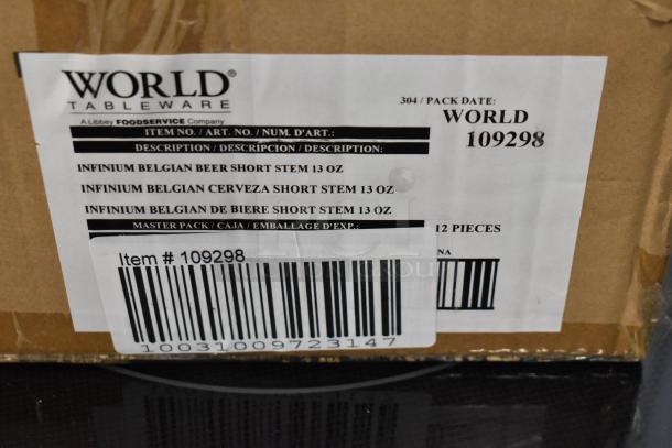 Box of 12 World Tableware Infinium Belgian Beer Glasses, 13 oz, short stem. Item #109298.