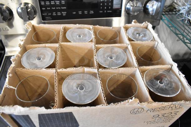 Box of 12 Reserve wine glasses by Libbey, new condition, securely packed in divided compartments. Markings: 9323, 1 dozen.
