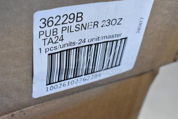 Box with label reading "36229B PUB PILSNER 23OZ TA24, 1 pcs/units-24 unit/master" accompanied by a barcode.