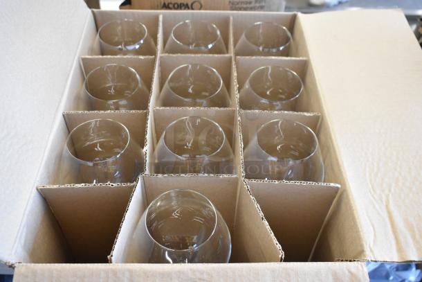 Box of 12 Acopa brand snifter glasses, new condition, in original packaging with dividers.