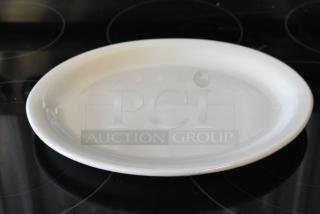 White ceramic dinner plate, round, smooth finish, appears in excellent condition, no visible markings or tags.