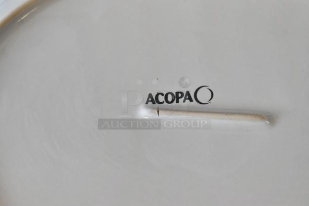 Acopa ceramic plate showing brand logo and a small indentation on the surface. Excellent condition, white finish.