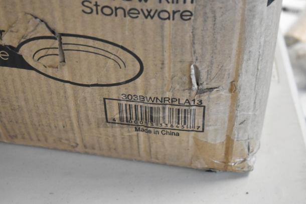 Damaged stoneware box with barcode 303BWNRPLA13, made in China. Box shows signs of wear and tear.