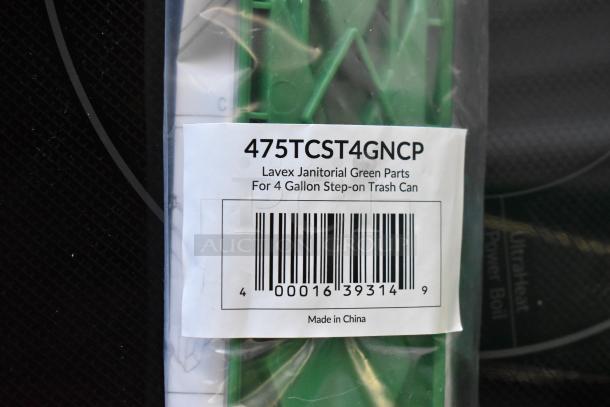 Lavex Janitorial green parts for 4-gallon step-on trash can, model 475TCST4GNCP, made in China, with visible barcode.