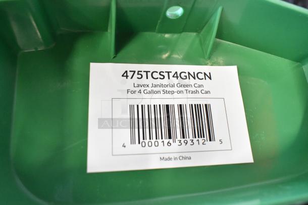 Green Lavex janitorial trash can for 4-gallon step-on use, label shows code 475TCST4GNCN, made in China.