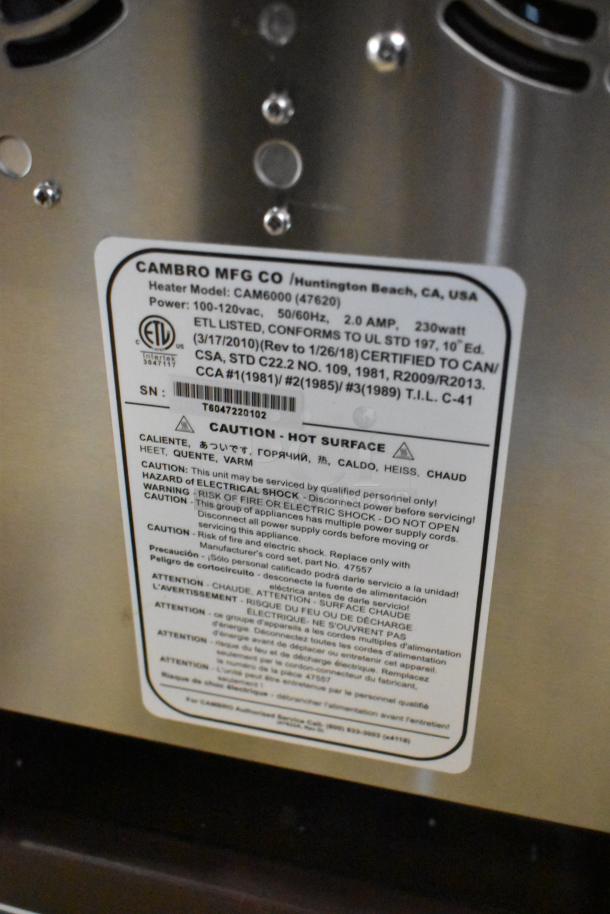Cambro heater model CAM6000 label, 100-120vac, 50/60Hz, 2.0 AMP, 230 watt, ETL listed, certified, serial number T6047220102.