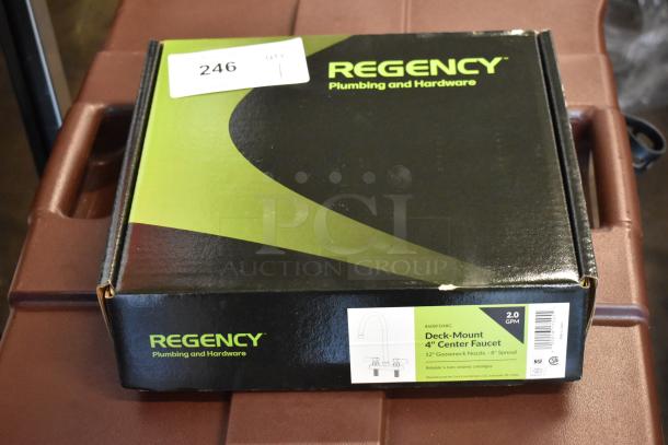 Regency 4" center faucet in box, model #600FD4BG. Features 12" gooseneck nozzle, 2.0 GPM. New, unopened condition.