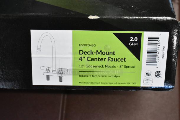 Deck-mount 4" center faucet, 12" gooseneck, 8" spread; 2.0 GPM, ceramic cartridges, NSF certified, made in Taiwan.