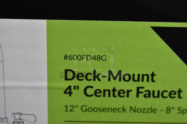 Label for #600FD48G, a deck-mount 4" center faucet with 12" gooseneck nozzle and 8" spout.
