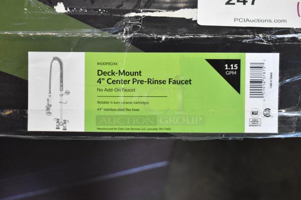 Deck-Mount 4" Center Pre-Rinse Faucet, 1.15 GPM, ceramic cartridges, 44" stainless steel hose, NSF certified, new in box.