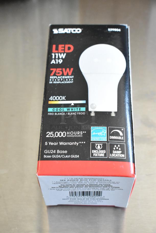 Satco LED bulb, 11W A19, 75W replacement, 4000K cool white, GU24 base, 25,000 hours, 5-year warranty, dimmable.