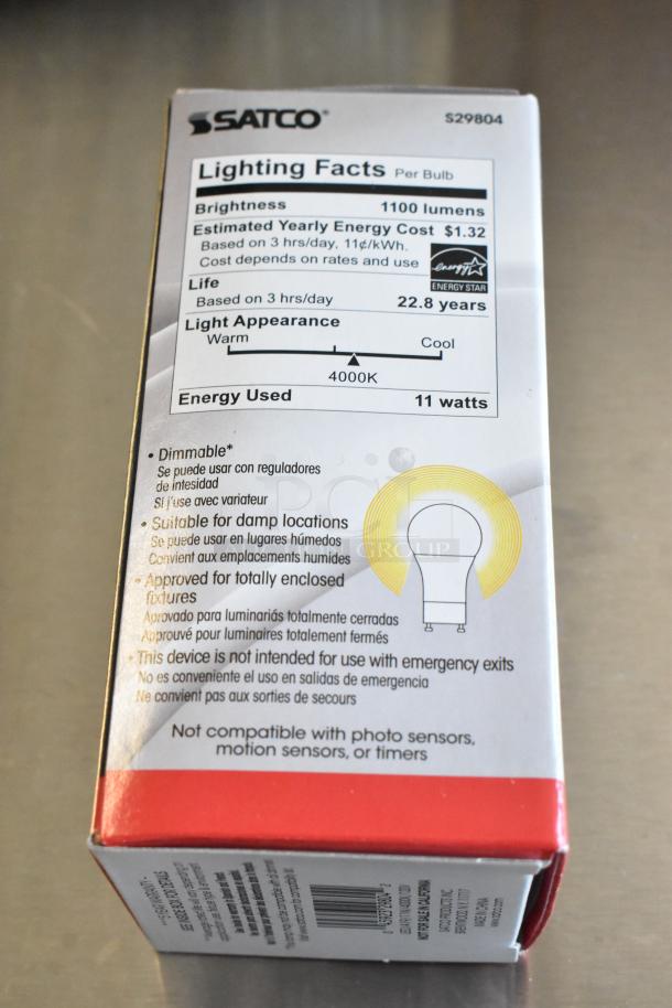 SATCO light bulb package, 1100 lumens, 11 watts, 22.8-year lifespan at 4000K, dimmable, Energy Star certified, new condition.