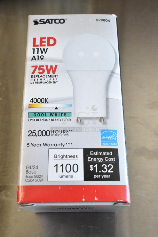 Satco LED light bulb, 11W A19, 75W replacement, 4000K cool white, 1100 lumens, GU24 base, 25,000 hours lifespan, Energy Star certified.