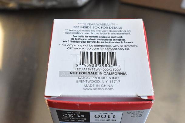 Box for SATCO LED bulb A19/11W, 4000K, 120V, with 5-year warranty. Not for sale in California. Made in China.