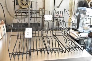 Black metal wire organizer rack with three compartments, item tag 253 visible. Used condition, ideal for storage or display.