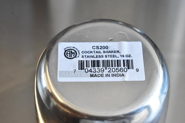 Stainless steel cocktail shaker, 16 oz, labeled "CS200, Made in India." Brand: American Metalcraft. Bar code present.
