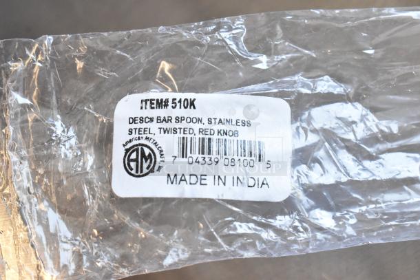 Stainless steel twisted bar spoon with red knob, item #510K, made in India by American Metalcraft, in original packaging.