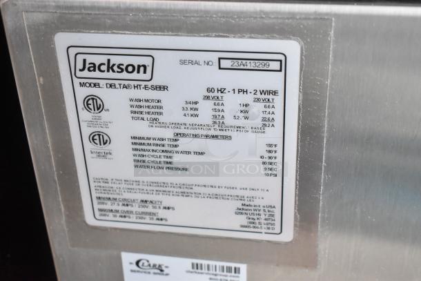Jackson Delta HT-E-SEER dishwasher label displaying specifications, serial number 23A413299, and ETL certifications.