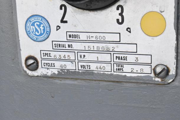 NSF-certified industrial equipment label, Model H-600, Serial 1518682, 1 HP, 3-phase, 440V, 60 cycles, 2.8 amps.