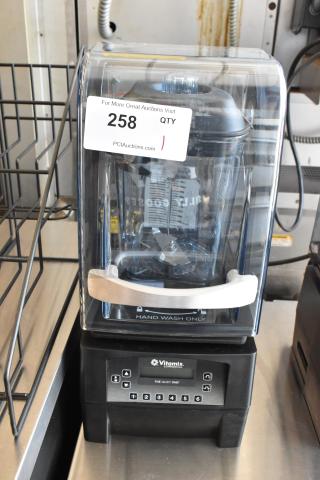 Vitamix Commercial Blender "The Quiet One" with sound enclosure. Black base, numbered controls. Label: Hand wash only. Auction tag: 258.