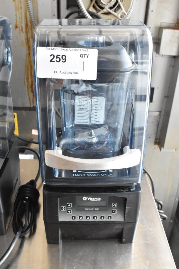 Vitamix "The Quiet One" commercial blender, black, clear sound enclosure. Display reads "Hand Wash Only." Auction tag: 259.