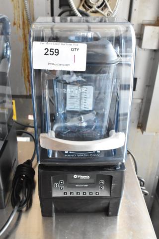Vitamix "The Quiet One" commercial blender, black, clear sound enclosure. Display reads "Hand Wash Only." Auction tag: 259.