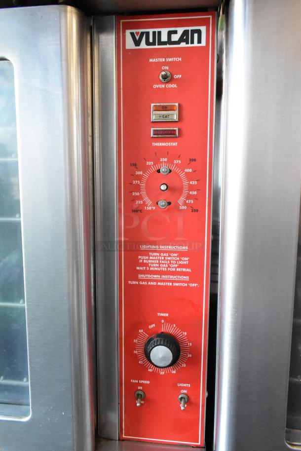 Vulcan commercial oven control panel with thermostat, timer, and switches. Includes lighting and shutdown instructions.