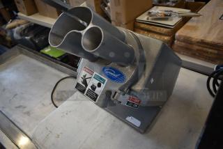 General Slicing Machine, robust steel construction, safety instructions labeled. Used condition with visible wear.