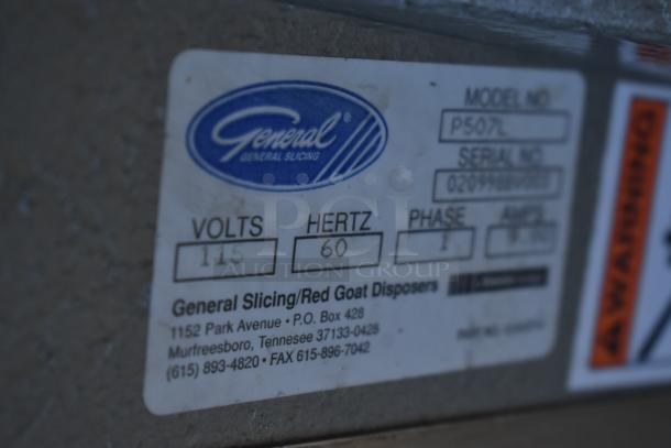 Label of General Slicing model P507L. Details: 115 volts, 60 hertz, phase 1. Serial No. 020998V0001.