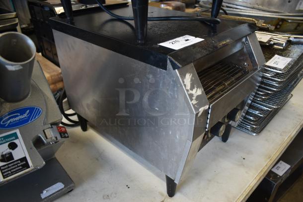 Commercial conveyor toaster in stainless steel with visible wear. Includes dials and power cord. Marked with auction tag "270".