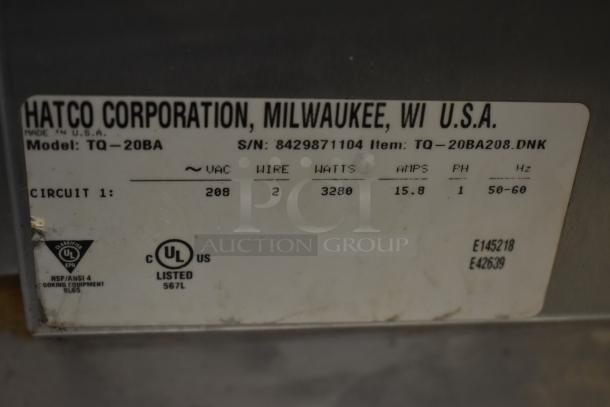 Hatco Corporation label, Model TQ-20BA, 208 VAC, 3280 watts, UL listed. Serial: 8429871104, NSF/ANSI cooking equipment.