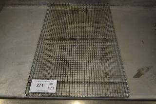 Metal cooling rack on a stainless steel surface with a tag reading "271" and "QTY X 27." Used condition.