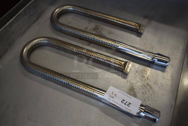 Two U-shaped stainless steel grill burner tubes, perforated for gas flow. Tag reads "272 Qty 2." New condition.