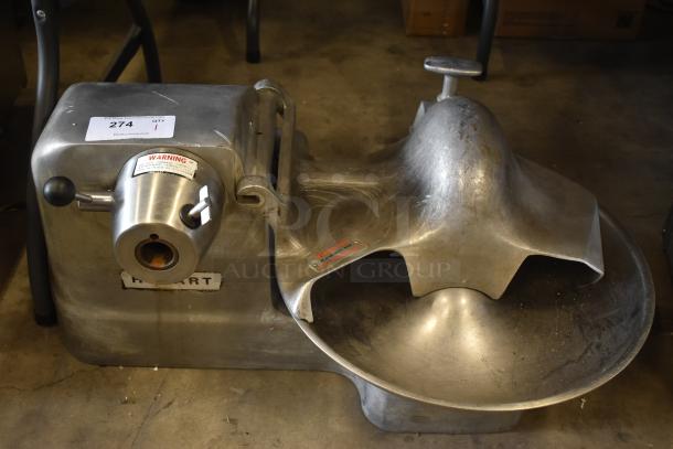Vintage Hobart industrial meat grinder, stainless steel, large bowl, fair condition, warning label, auction tag 274.