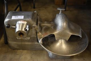 Vintage Hobart industrial meat grinder, stainless steel, large bowl, fair condition, warning label, auction tag 274.