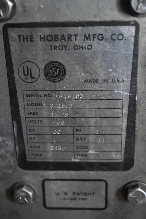 Hobart Mfg. Co. equipment label, Model 84186D, Serial 1519105, 208V, 1 HP, UL/NSF certified, made in USA.