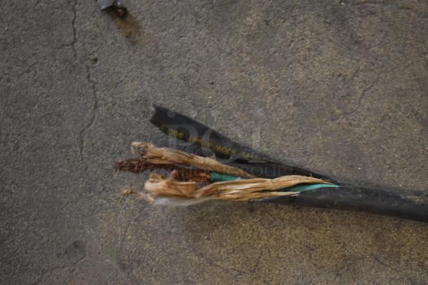 Frayed black electrical cable with exposed wires, showing signs of wear and damage. Markings indicate "50W-60C".