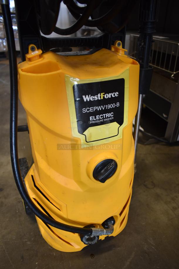 WestForce SCEPWPV1900-B electric pressure washer, yellow, in good condition, with visible wiring and control panel.