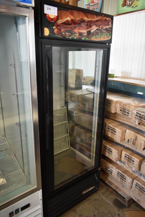 Commercial glass-door refrigerator, brand "True," black exterior, top food display, used condition, item tag "278."